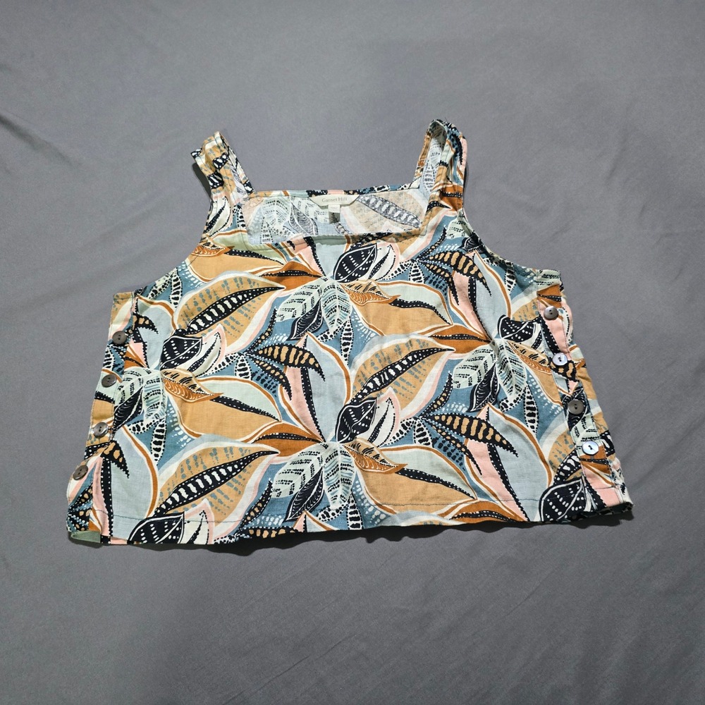 Garnet Hill Linen Tank Top Women Large Multicolor Botanical Side Button Crop